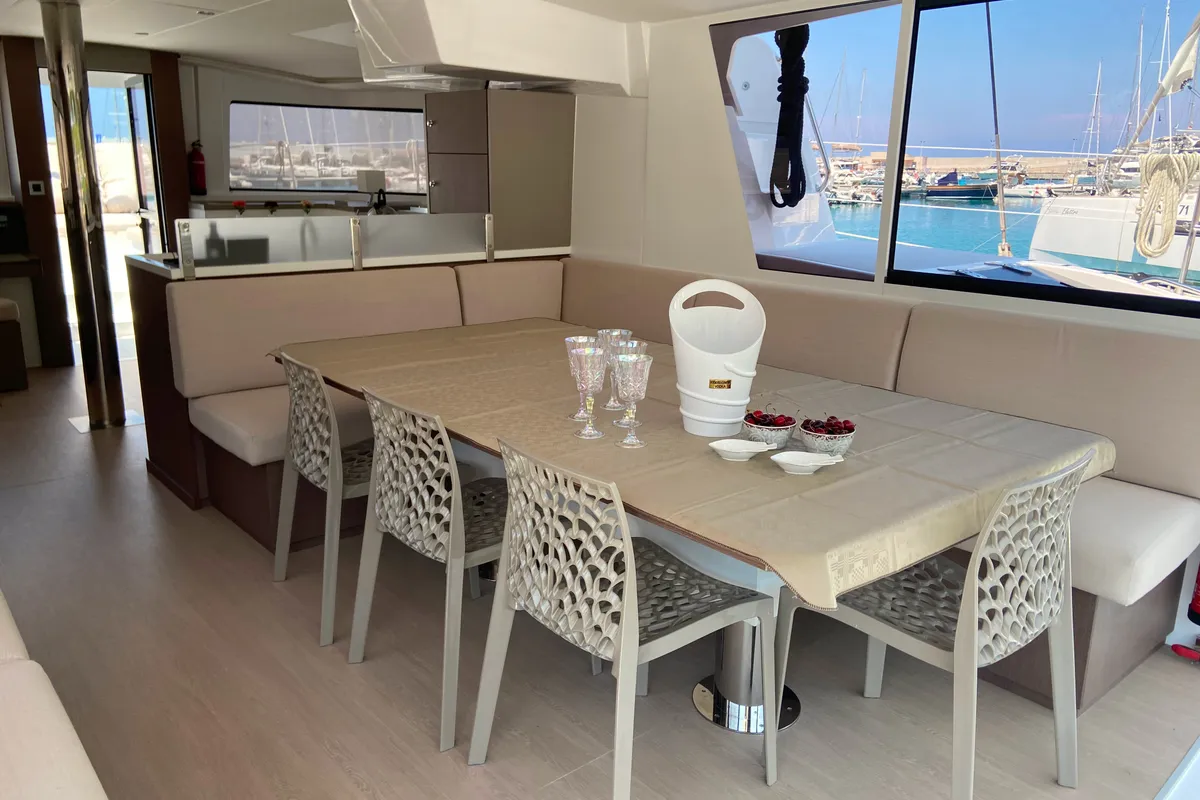 Salon of Anna, a Bali 4.8 catamaran at Capo d'Orlando, Italy