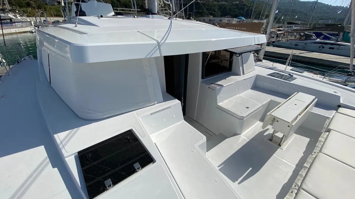 Deck of Anna, a Bali 4.8 catamaran at Capo d'Orlando, Italy