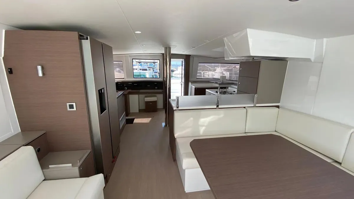 Salon of Anna, a Bali 4.8 catamaran at Capo d'Orlando, Italy