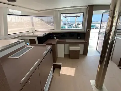 Cockpit of Anna, a Bali 4.8 catamaran at Capo d'Orlando, Italy