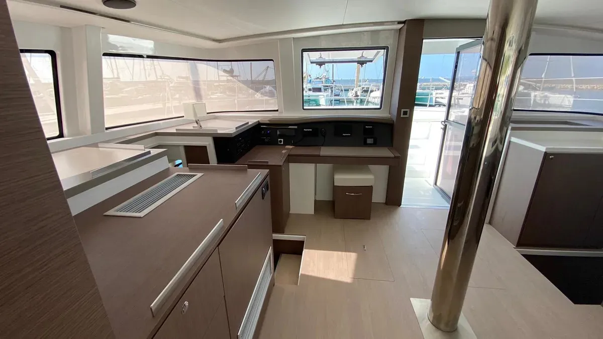 Cockpit of Anna, a Bali 4.8 catamaran at Capo d'Orlando, Italy