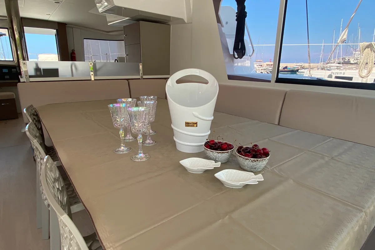 Salon of Anna, a Bali 4.8 catamaran at Capo d'Orlando, Italy