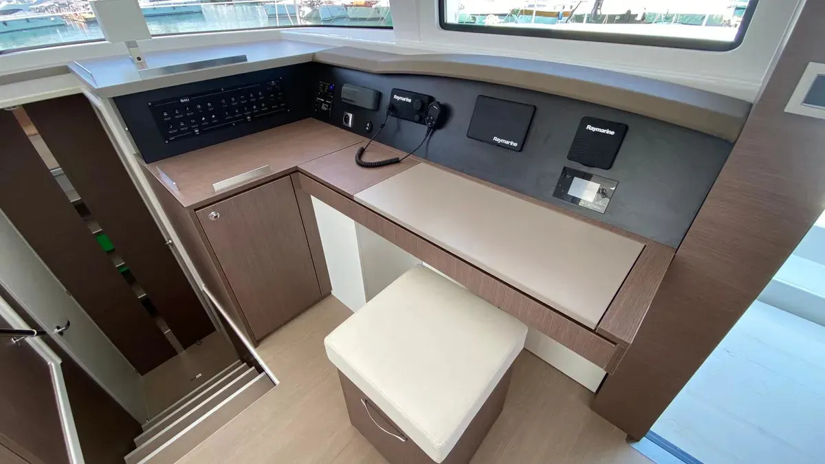Cockpit of Anna, a Bali 4.8 catamaran at Capo d'Orlando, Italy