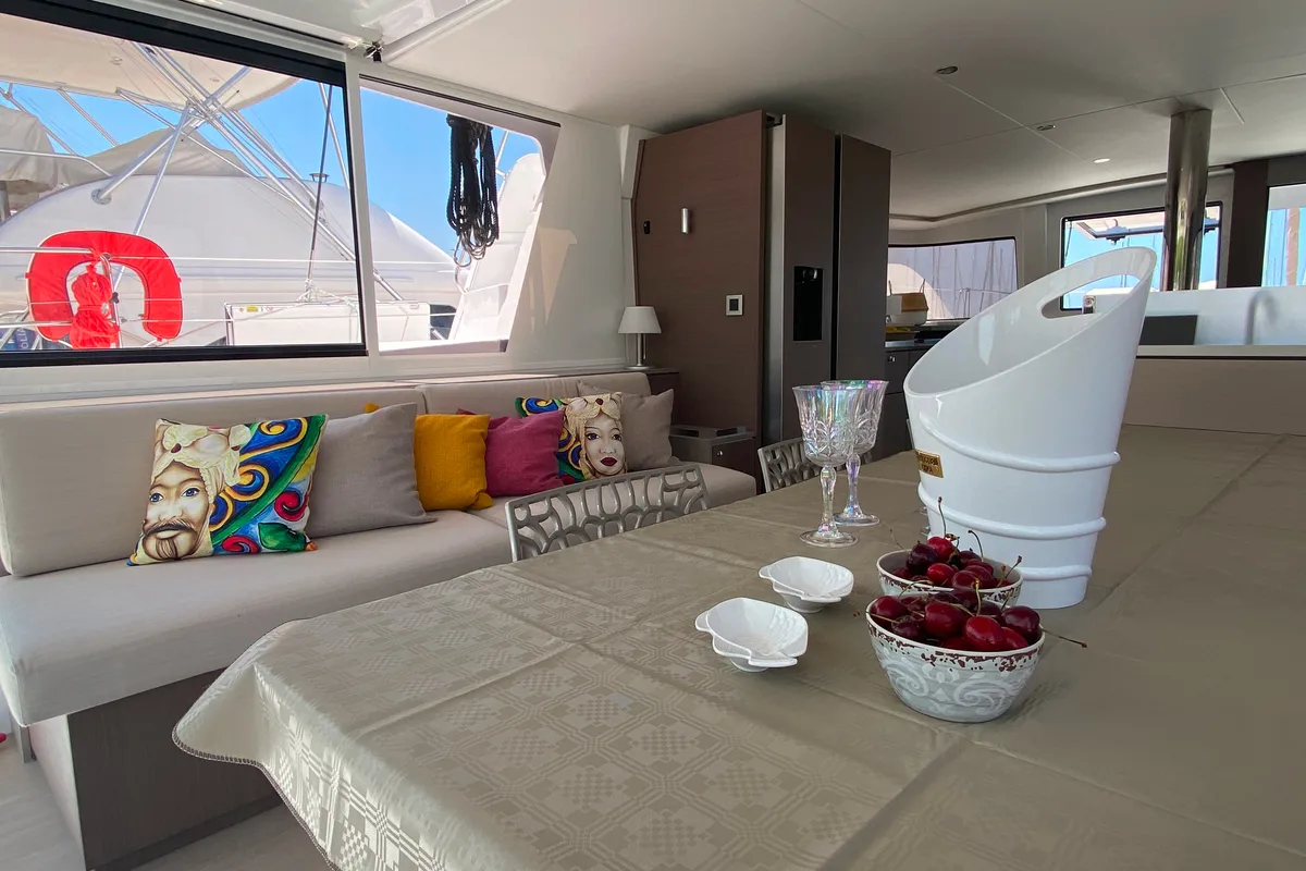 Salon of Anna, a Bali 4.8 catamaran at Capo d'Orlando, Italy