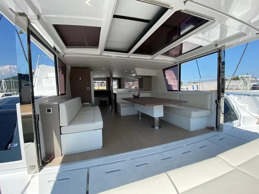 Deck of Anna, a Bali 4.8 catamaran at Capo d'Orlando, Italy