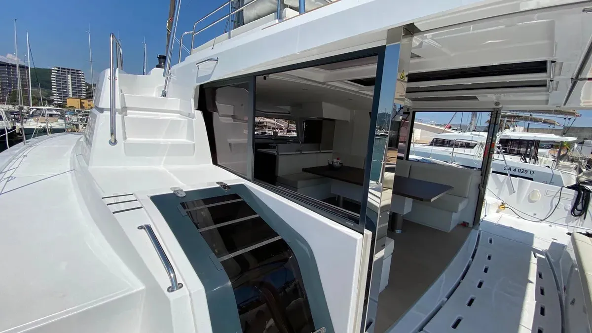 Deck of Anna, a Bali 4.8 catamaran at Capo d'Orlando, Italy