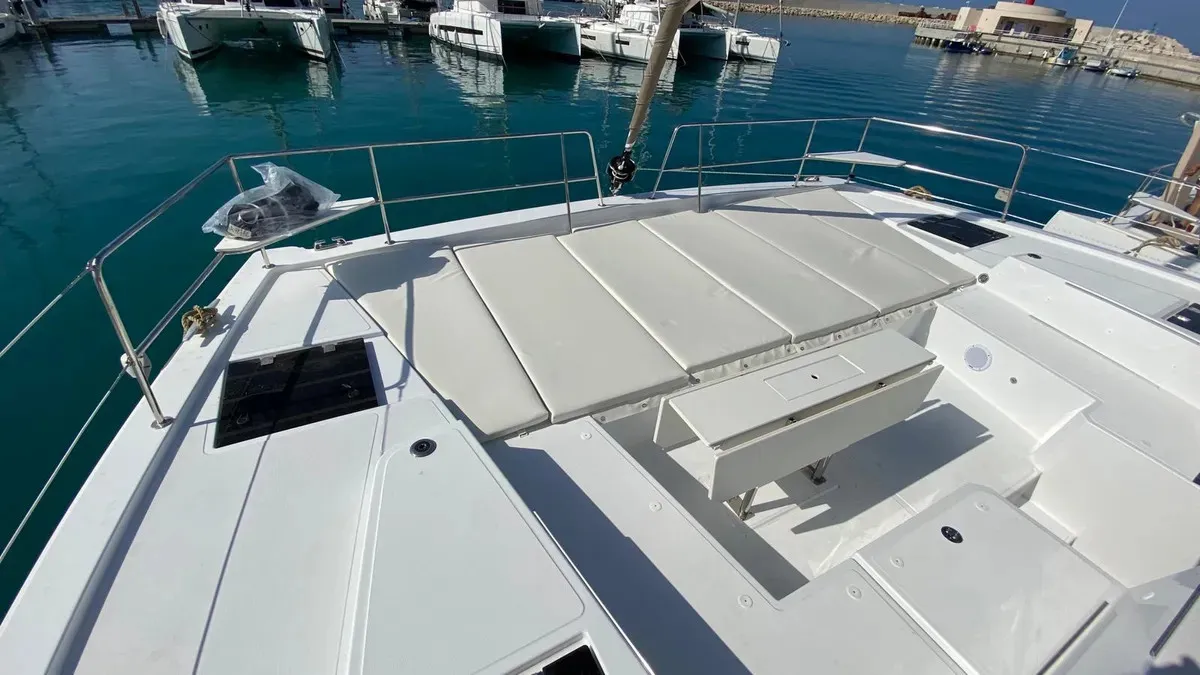 Deck of Anna, a Bali 4.8 catamaran at Capo d'Orlando, Italy