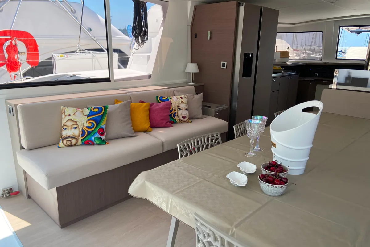 Salon of Anna, a Bali 4.8 catamaran at Capo d'Orlando, Italy