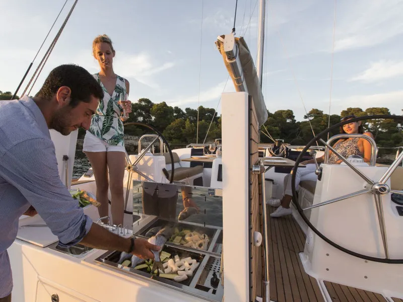 Deck of Avior, a Dufour 460 Grand Large sailboat at Cagliari, Italy