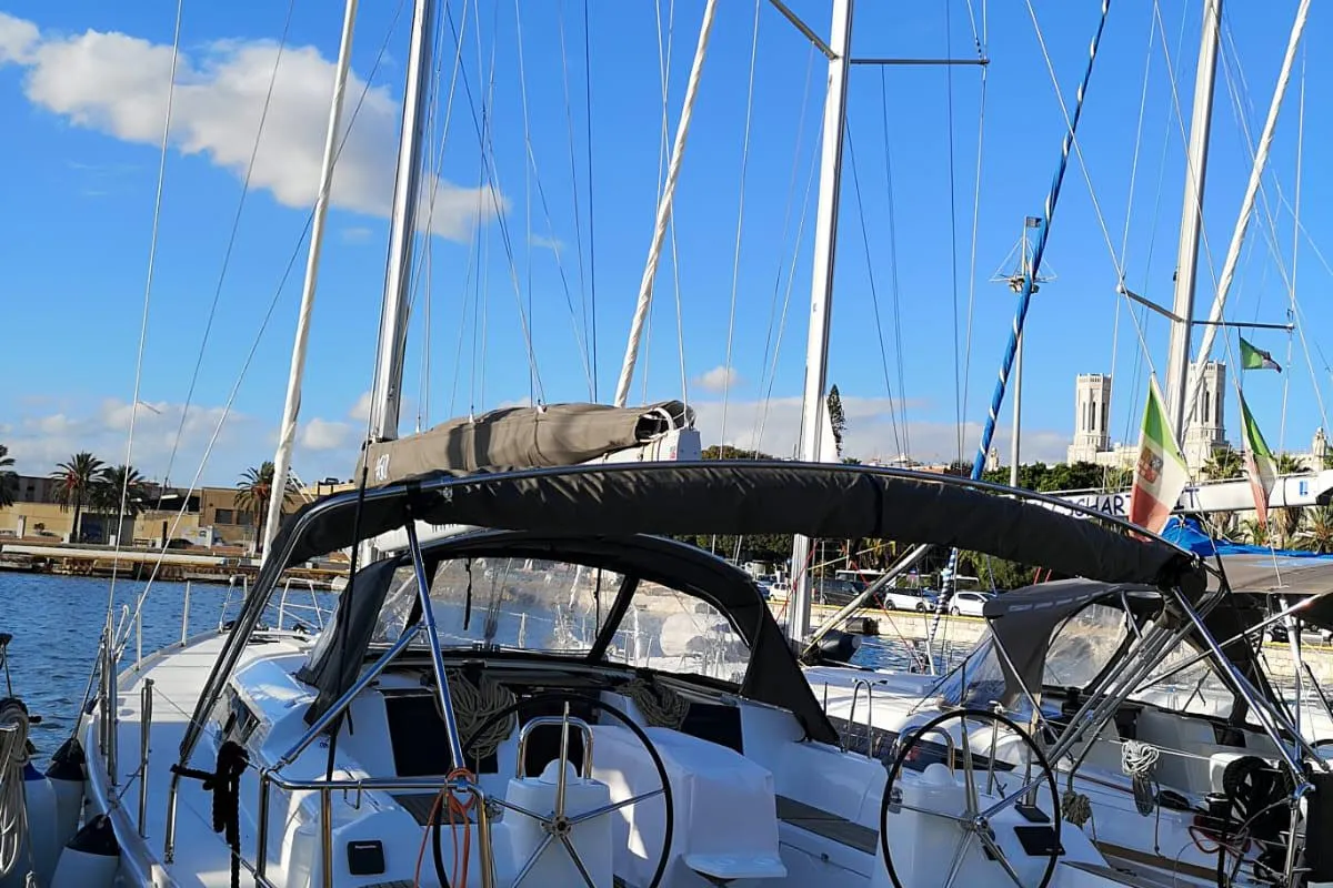 Cockpit of Avior, a Dufour 460 Grand Large sailboat at Cagliari, Italy