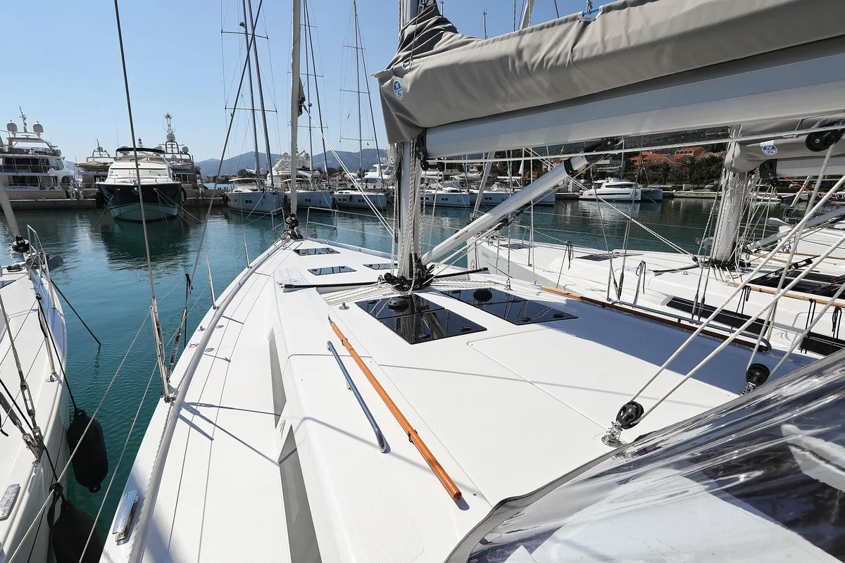 Deck of Khaleesi, a Hanse 508 sailboat at Grad Kaštela, Croatia