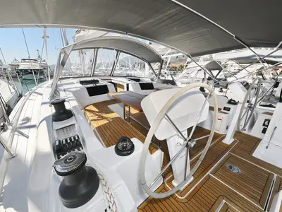 Cockpit of Khaleesi, a Hanse 508 sailboat at Grad Kaštela, Croatia