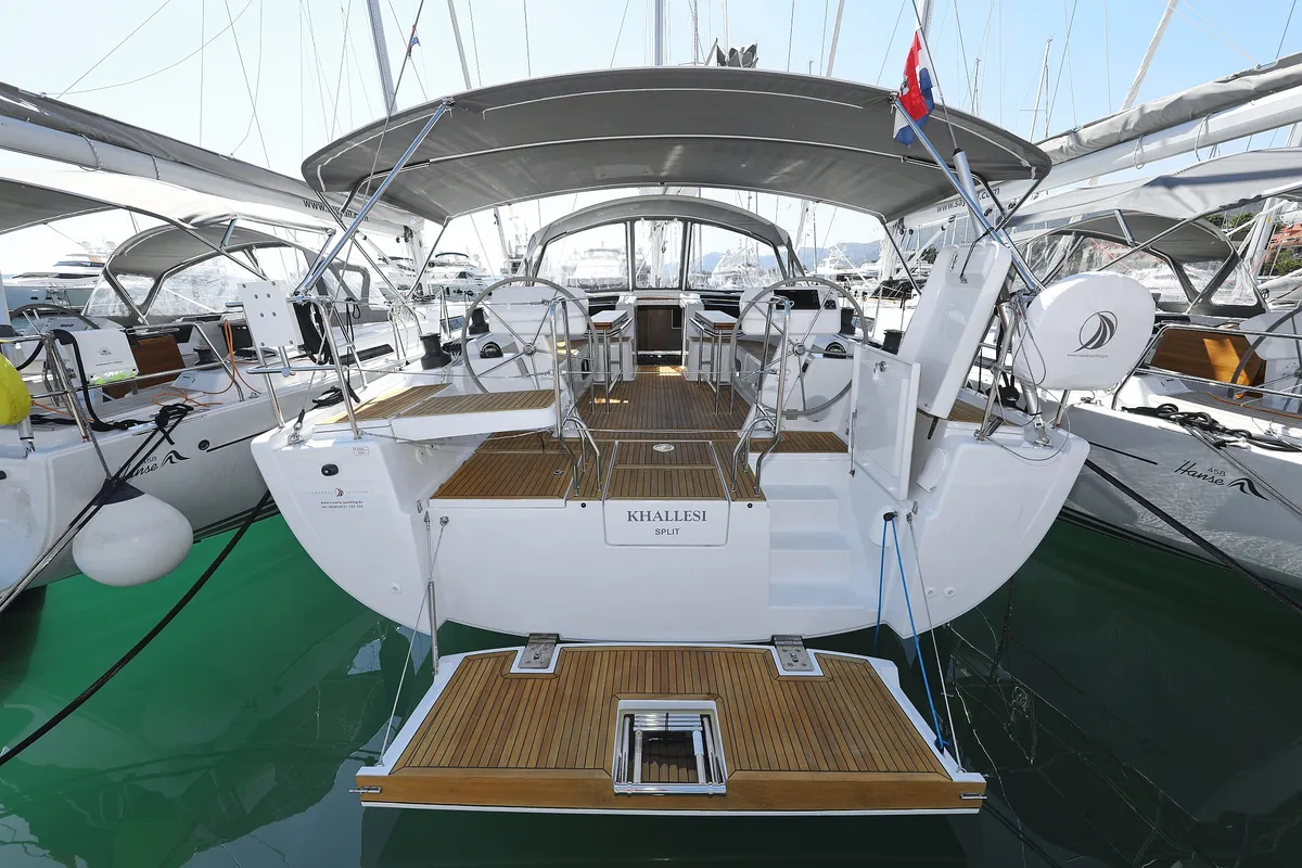 Exterior view of Khaleesi, a Hanse 508 sailboat at Grad Kaštela, Croatia