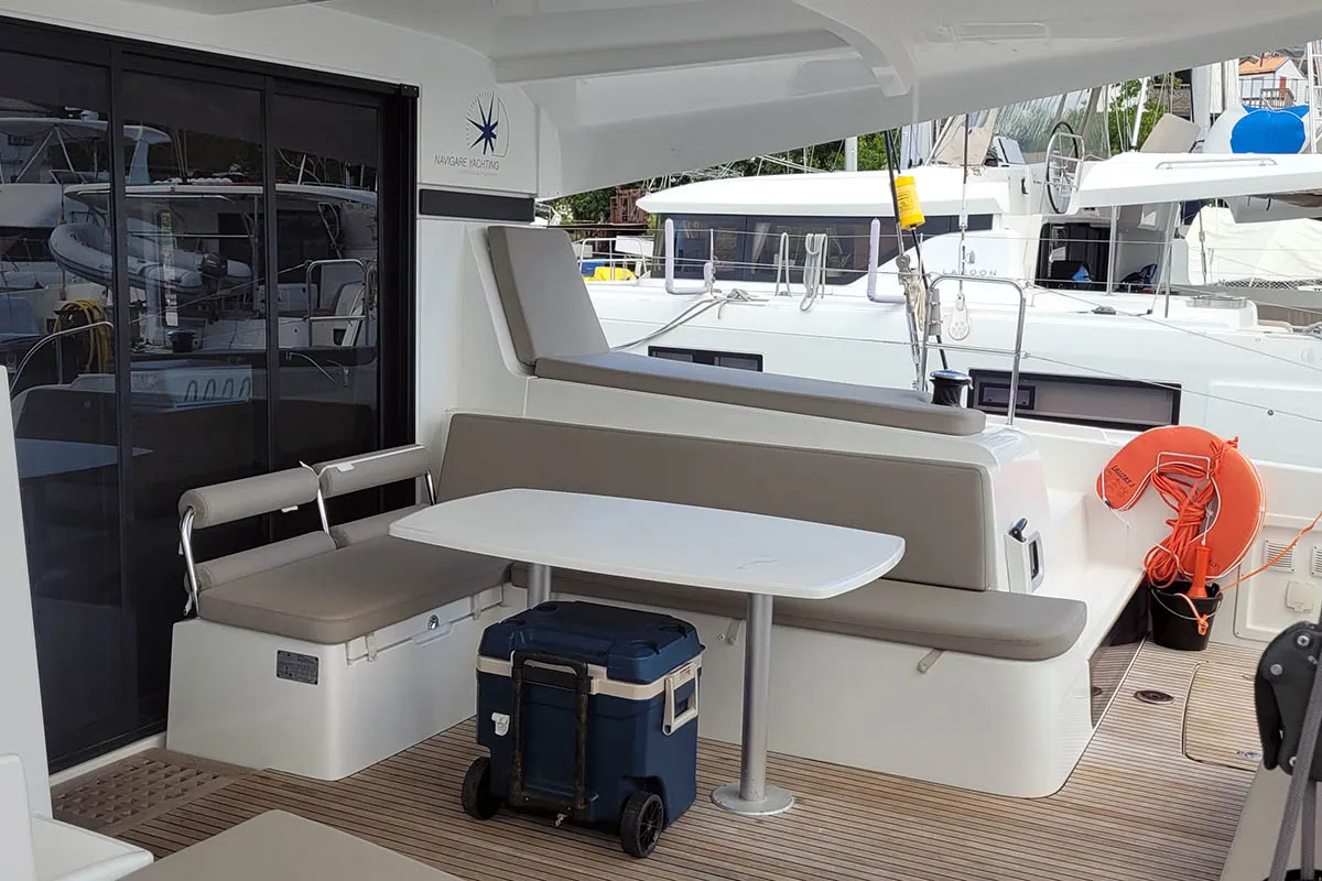 Deck of Katja BAH, a Lagoon 42 catamaran at Central Abaco, Bahamas