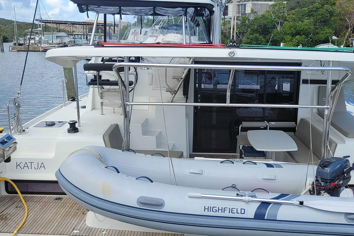 Exterior view of Katja BAH, a Lagoon 42 catamaran at Central Abaco, Bahamas
