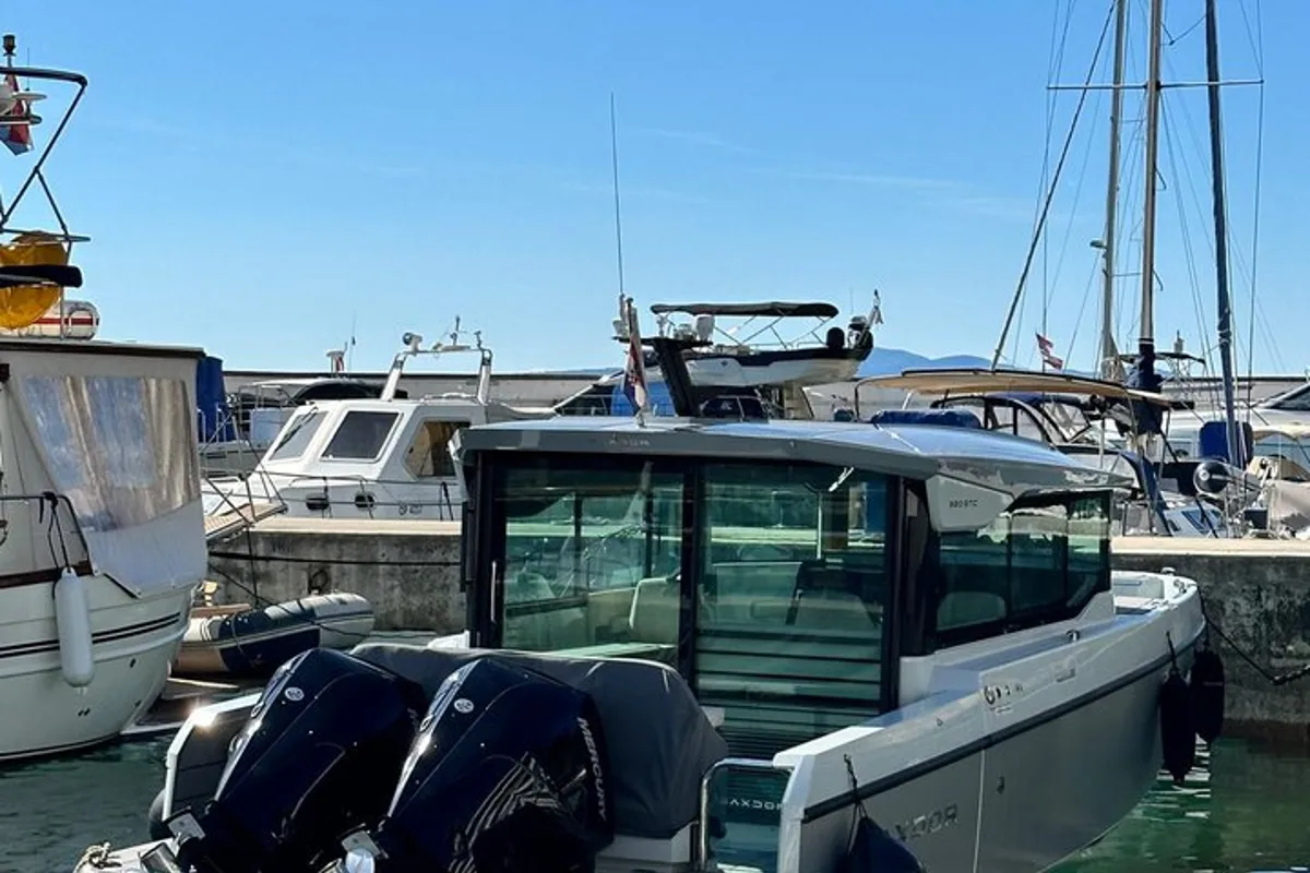 Exterior view of Navtia, a Saxdor 320 GTC motorboat at Grad Opatija, Croatia