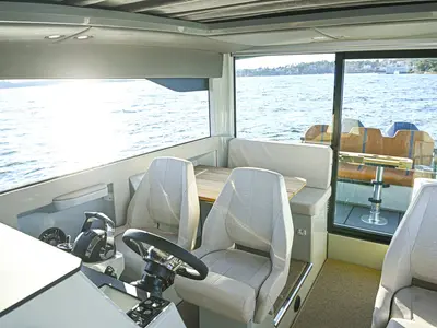 Cockpit of Navtia, a Saxdor 320 GTC motorboat at Grad Opatija, Croatia