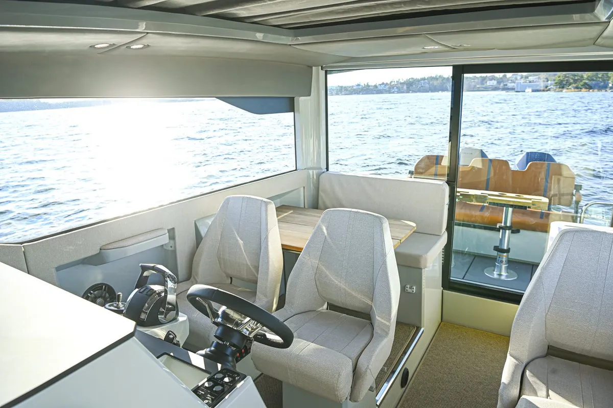 Cockpit of Navtia, a Saxdor 320 GTC motorboat at Grad Opatija, Croatia