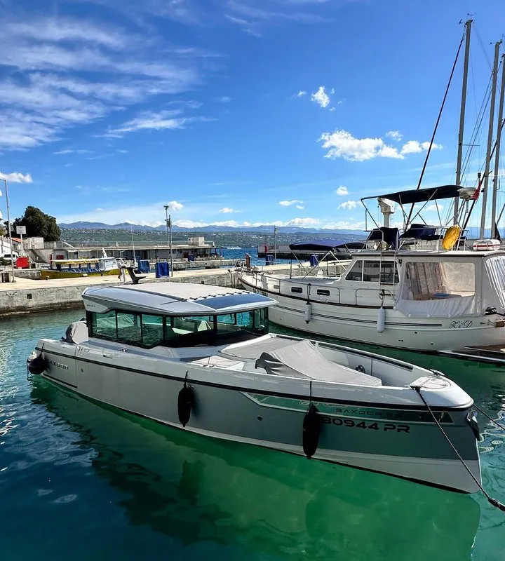 Exterior view of Navtia, a Saxdor 320 GTC motorboat at Grad Opatija, Croatia