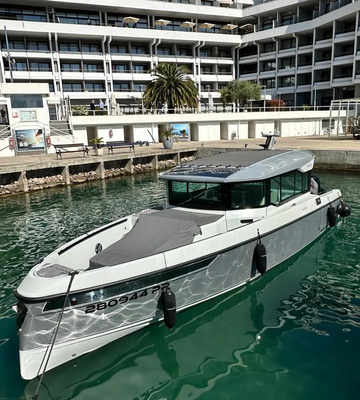 Exterior view of Navtia, a Saxdor 320 GTC motorboat at Grad Opatija, Croatia
