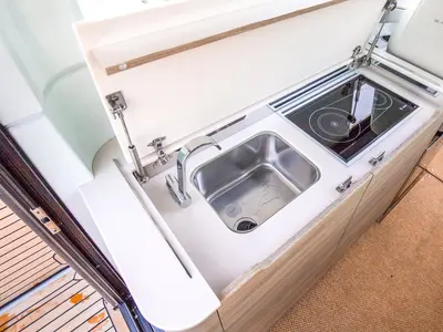 Galley of Navtia, a Saxdor 320 GTC motorboat at Grad Opatija, Croatia