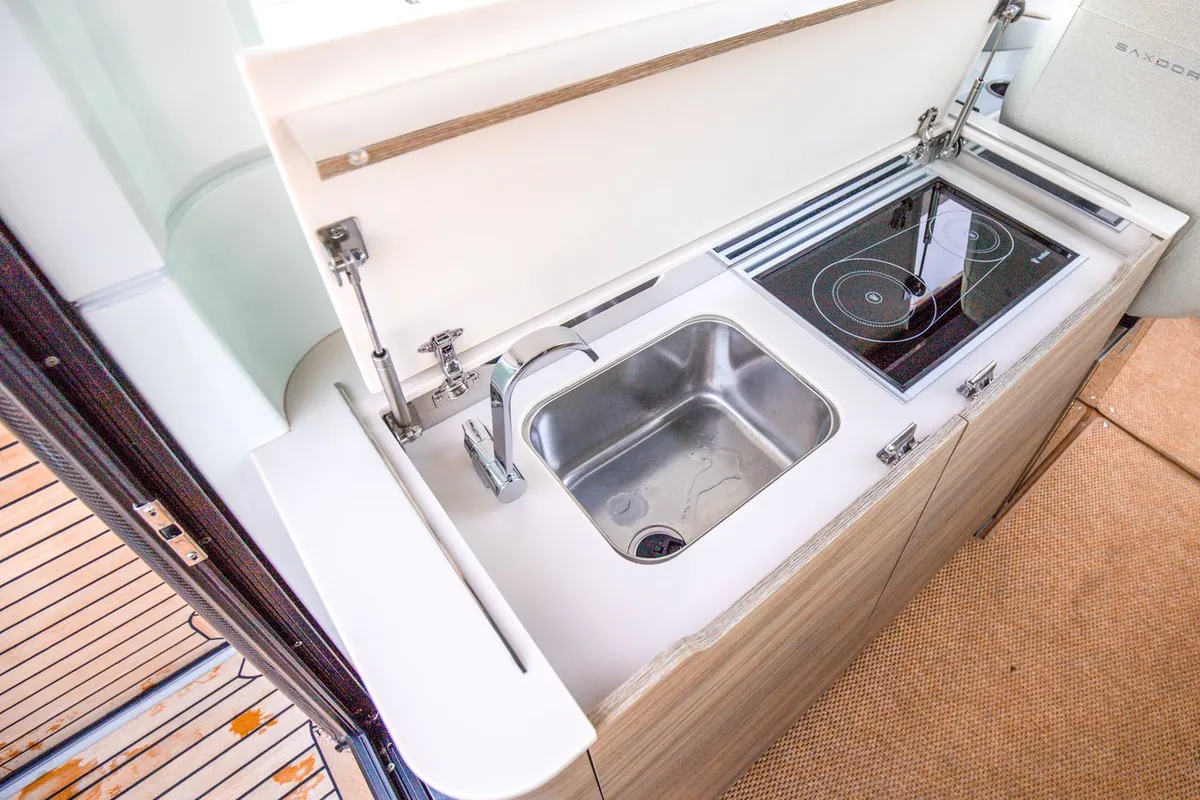 Galley of Navtia, a Saxdor 320 GTC motorboat at Grad Opatija, Croatia