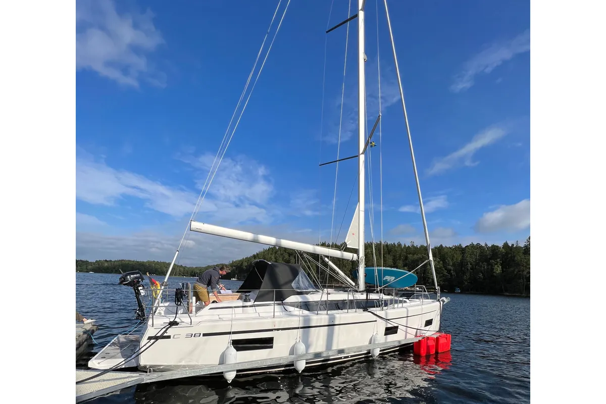 Exterior view of Twelve, a Bavaria C38 sailboat at Fisksätra, Sweden