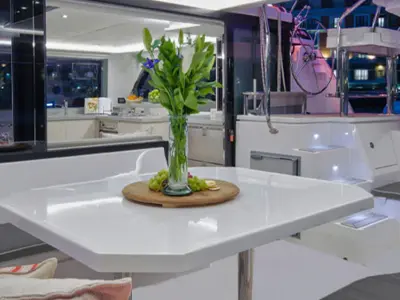 Deck of Sunsail 454L Premium, a Leopard 45 catamaran at English Harbour, Antigua and Barbuda