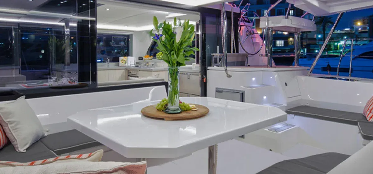 Deck of Sunsail 454L Premium, a Leopard 45 catamaran at English Harbour, Antigua and Barbuda