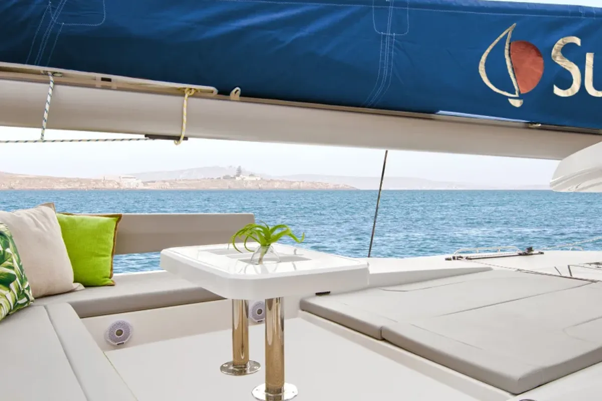 Deck of Sunsail 454L Premium, a Leopard 45 catamaran at English Harbour, Antigua and Barbuda