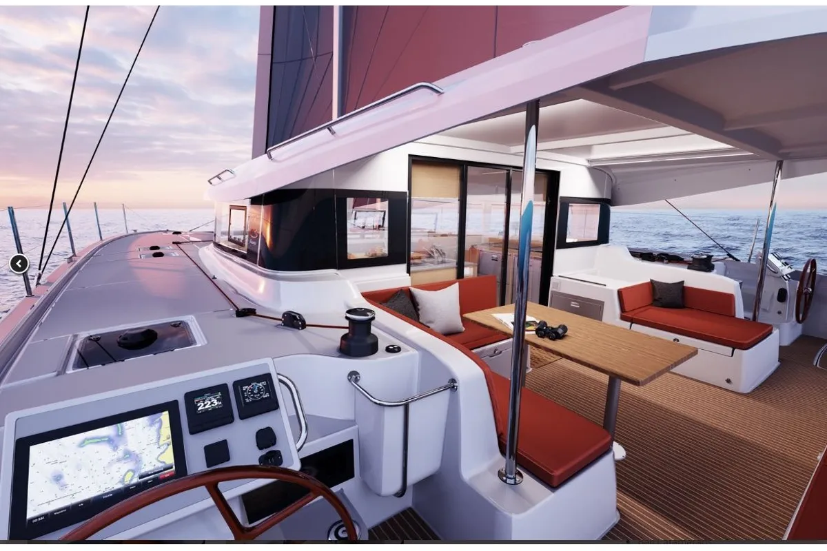 Cockpit of Nicolas, a Excess 14 catamaran at Municipal Unit of Lefkada, Greece