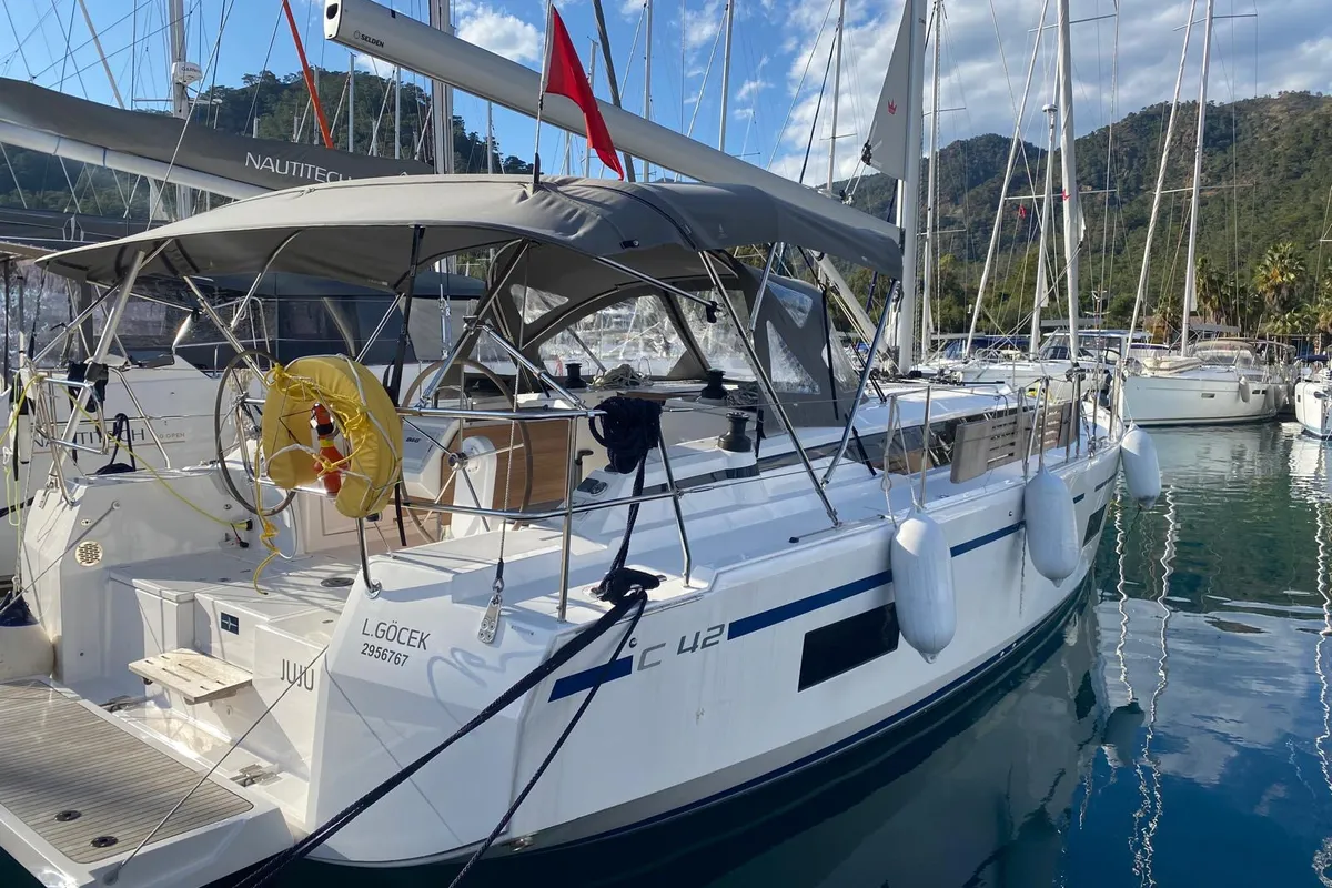 Exterior view of Juju, a Bavaria C42 sailboat at Fethiye, Turkey
