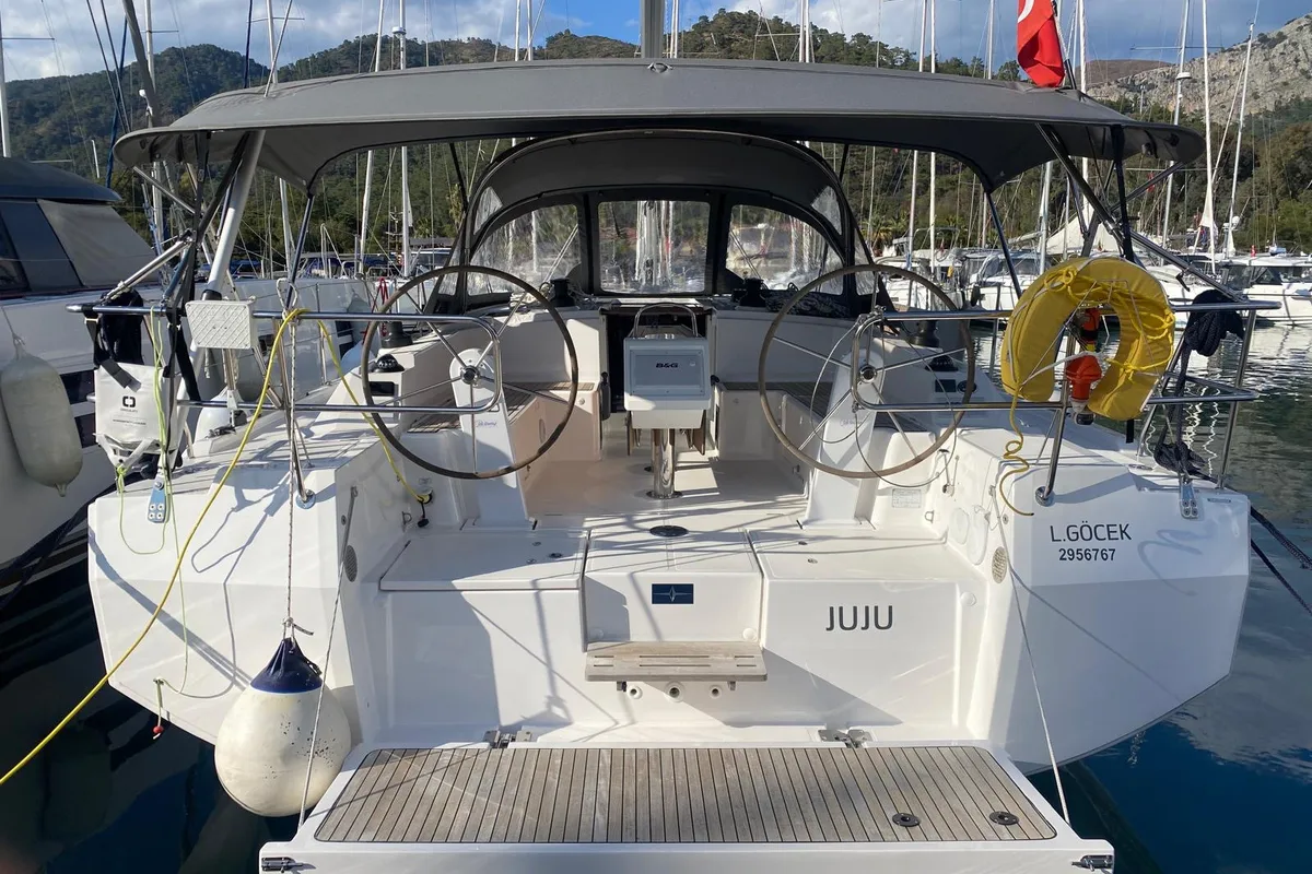 Deck of Juju, a Bavaria C42 sailboat at Fethiye, Turkey
