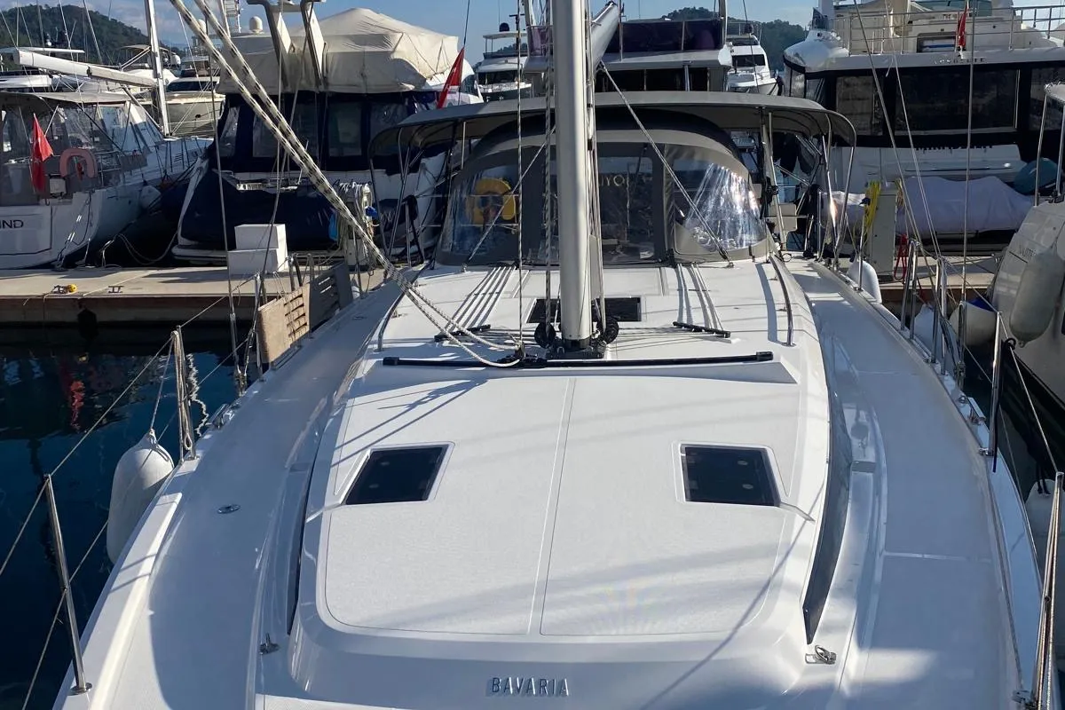Exterior view of Juju, a Bavaria C42 sailboat at Fethiye, Turkey