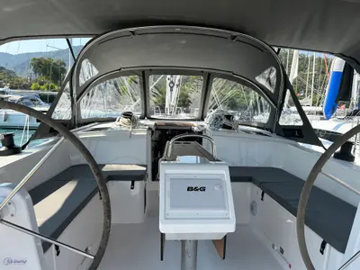 Cockpit of Juju, a Bavaria C42 sailboat at Fethiye, Turkey