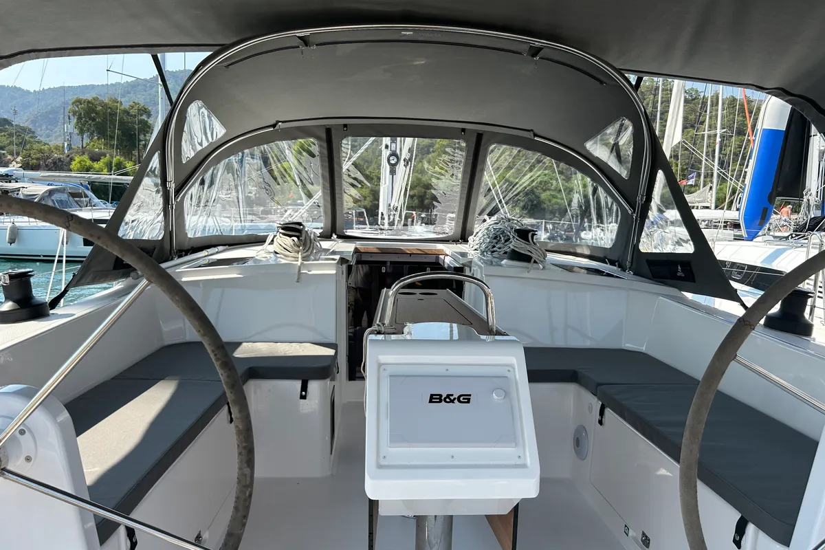 Cockpit of Juju, a Bavaria C42 sailboat at Fethiye, Turkey