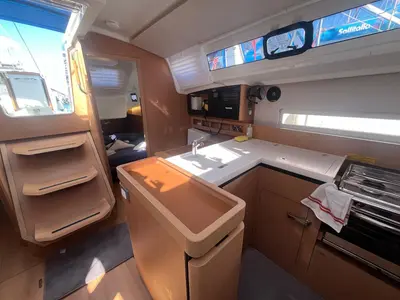 Galley of Brasilia, a Jeanneau Sun Odyssey 410 sailboat at Cannigione, Italy