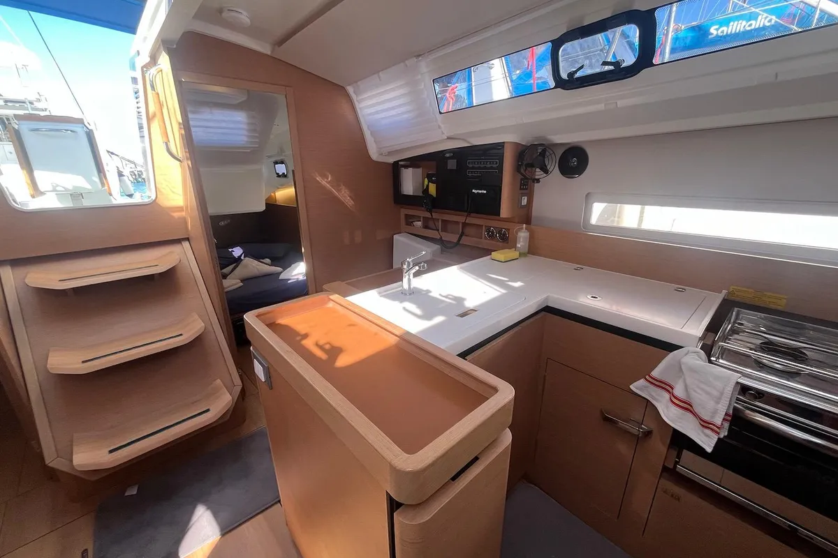 Galley of Brasilia, a Jeanneau Sun Odyssey 410 sailboat at Cannigione, Italy