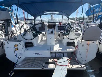 Cockpit of Brasilia, a Jeanneau Sun Odyssey 410 sailboat at Cannigione, Italy