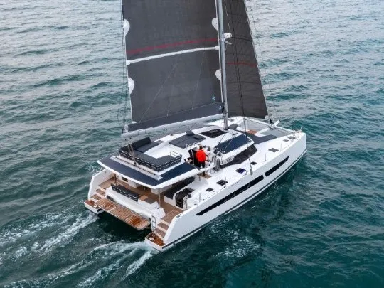 Exterior view of Veganic CRB, a Fountaine Pajot Aura 51 catamaran at Alameda, United States