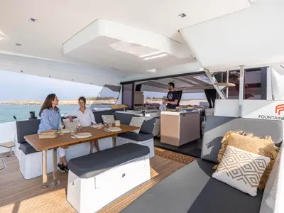 Deck of Veganic CRB, a Fountaine Pajot Aura 51 catamaran at Alameda, United States