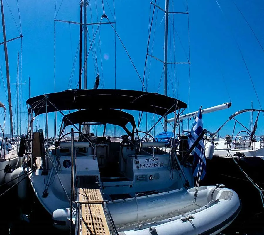 Deck of Kallikratis, a Ocean Star 56.1 sailboat at Athens, Marina Delta Kallithea, Greece