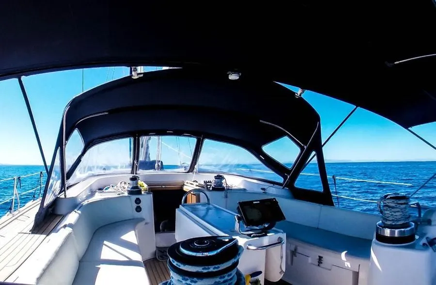 Cockpit of Kallikratis, a Ocean Star 56.1 sailboat at Athens, Marina Delta Kallithea, Greece