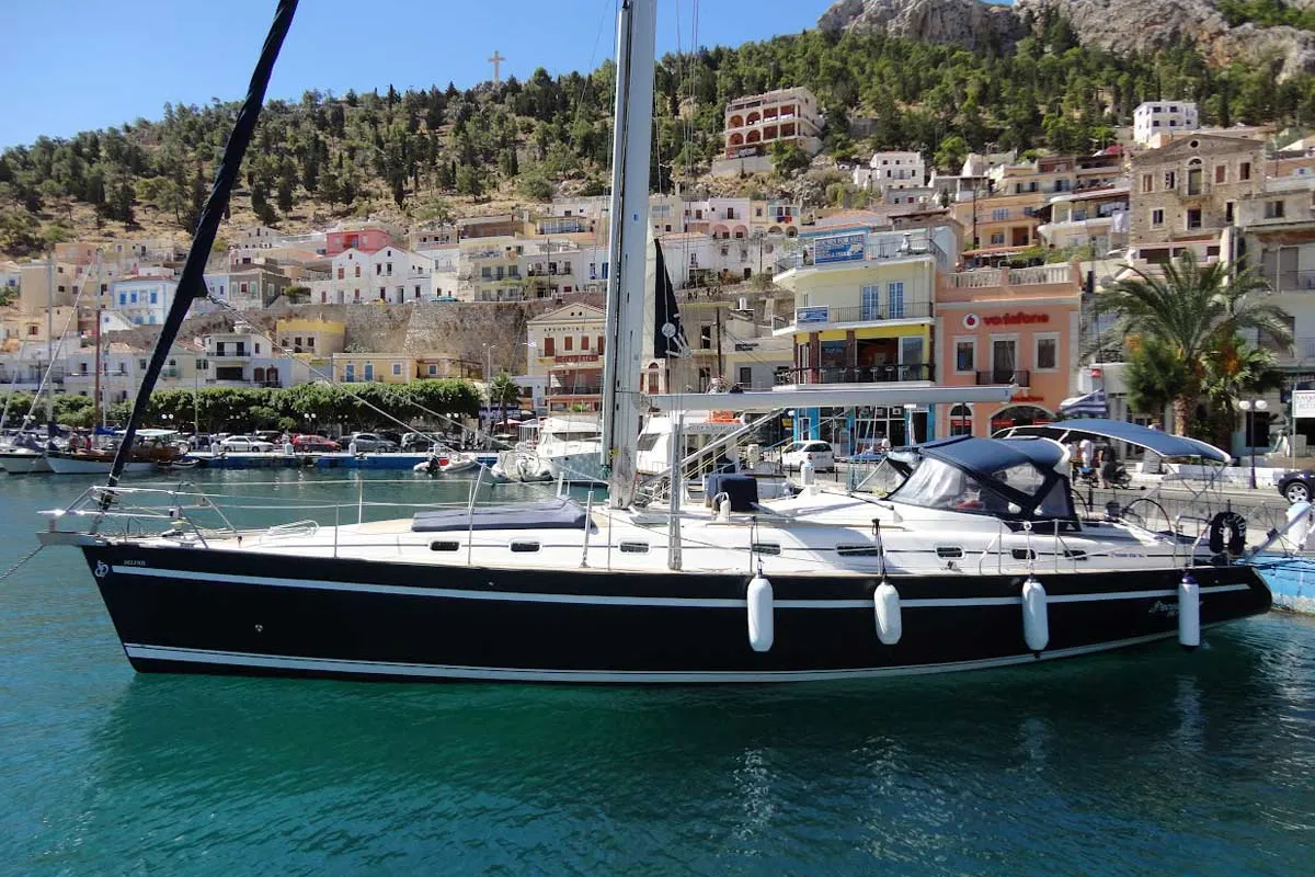 Exterior view of Kallikratis, a Ocean Star 56.1 sailboat at Athens, Marina Delta Kallithea, Greece
