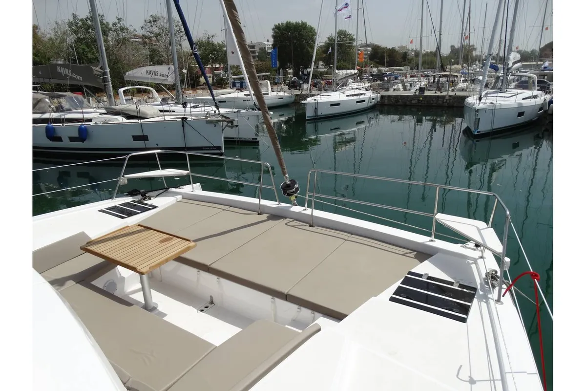 Deck of Kos 41.14, a Bali 4.1 catamaran at Athens, Greece