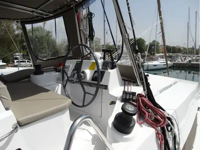 Cockpit of Kos 41.14, a Bali 4.1 catamaran at Athens, Greece