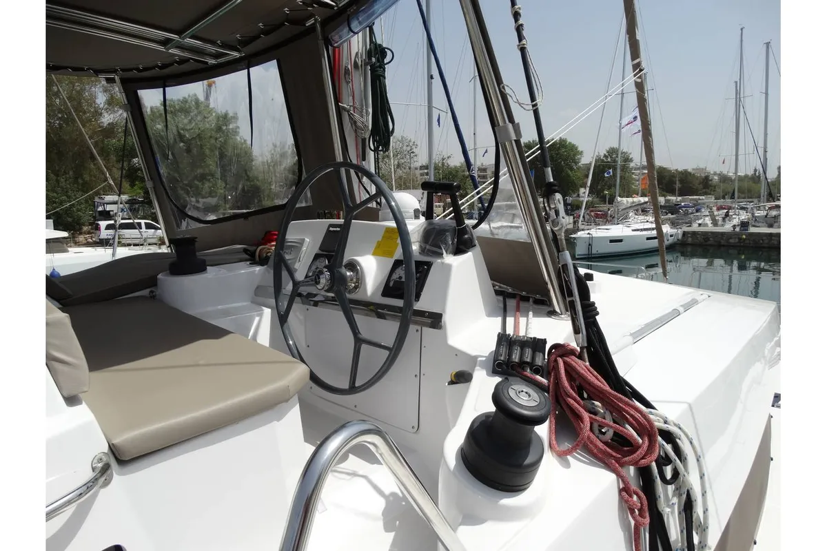 Cockpit of Kos 41.14, a Bali 4.1 catamaran at Athens, Greece