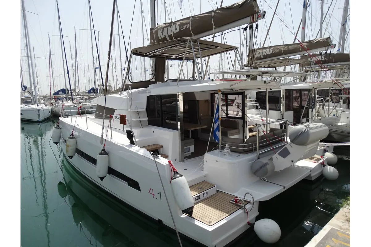 Exterior view of Kos 41.14, a Bali 4.1 catamaran at Athens, Greece
