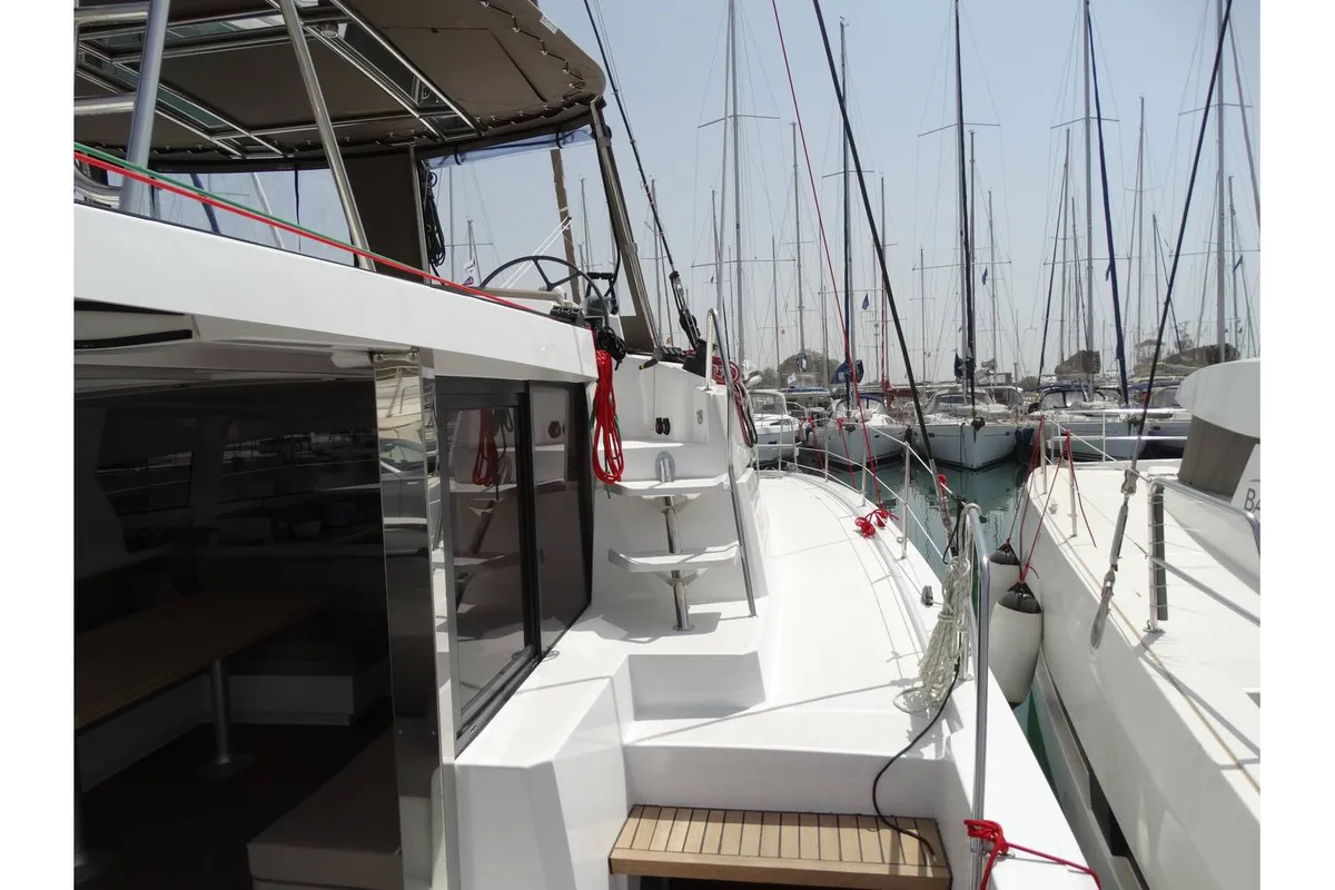 Deck of Kos 41.14, a Bali 4.1 catamaran at Athens, Greece