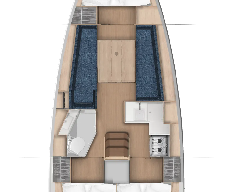 Floor plan of Anja, a Jeanneau Sun Odyssey 350 sailboat at Dubrovnik, Croatia